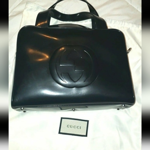 Gucci Vintage Black Tom Ford Patent Boston Bowler Handbag Silver HW Zip - Picture 1 of 12